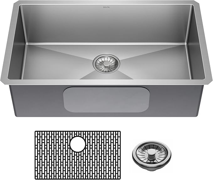 DELTA FAUCET Delta Lenta 30-inch Undermount 16 Gauge Stainless Steel Single Bowl Kitchen Sink with Accessories, 953034-30S-SS, Satin