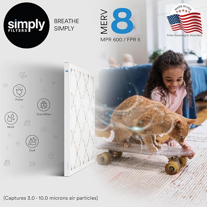 Simply 10x10x1 Air Filter, Merv 8, MPR 600, 6 Pack, Furnace Air Filter for HVAC (Actual Size: 9.75"x9.75"x0.75") DUST, Pet, & Allergy Control