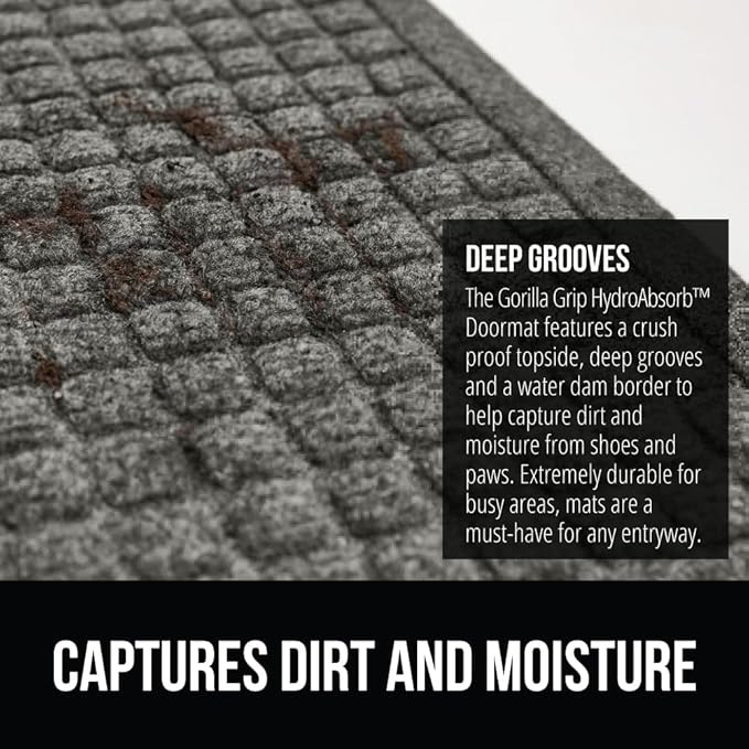 GORILLA GRIP Front Door Mat, Indoor Outdoor Ultra Absorbent HydroAbsorb Doormat, Absorbs Up to 1.7 Cups of Water, Stain and Fade Resistant, Rubber Backing Doormats, Captures Dirt, 29x17 Grey