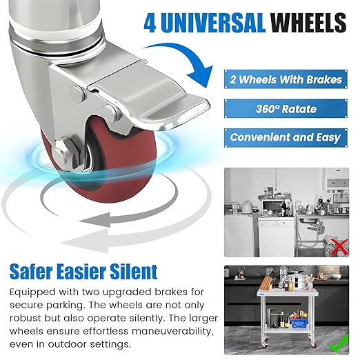 Stainless Steel Table for Prep & Work with 4 Caster Wheels with Undershelf 24 x 36 NSF Metal Commercial Kitchen Adjustable Undershelf Worktable for Restaurant Home Outdoor