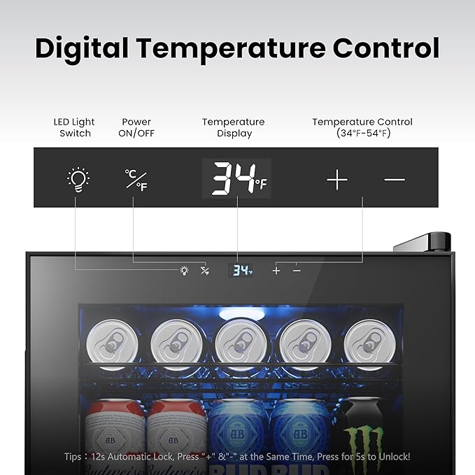Yeego Beverage Refrigerator Cooler, 85 Cans Drink Mini Fridge with Glass Door for Soda, Beer or Wine, Beverage Cooler with Digital Temperature Control from 34°F to 54°F for Home, Office or Bar (Black)