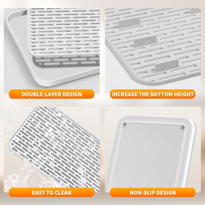 Plastics Drain Tray, Cup & Dish Drying Rack, Drain Board 2 Tier Non Slip Serving Tray with Drainboard Perfect for Sink, Coffee Table, Outdoor (12.2 x 7 x 0.98 in)