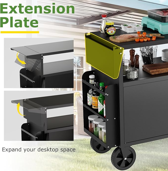 Grill Table,Outdoor Grill Cart with Storage,Outdoor Bar Cart with Wheels,Foldable Tabletop,Kitchen Island for Prep,Patio BBQ(Metal)