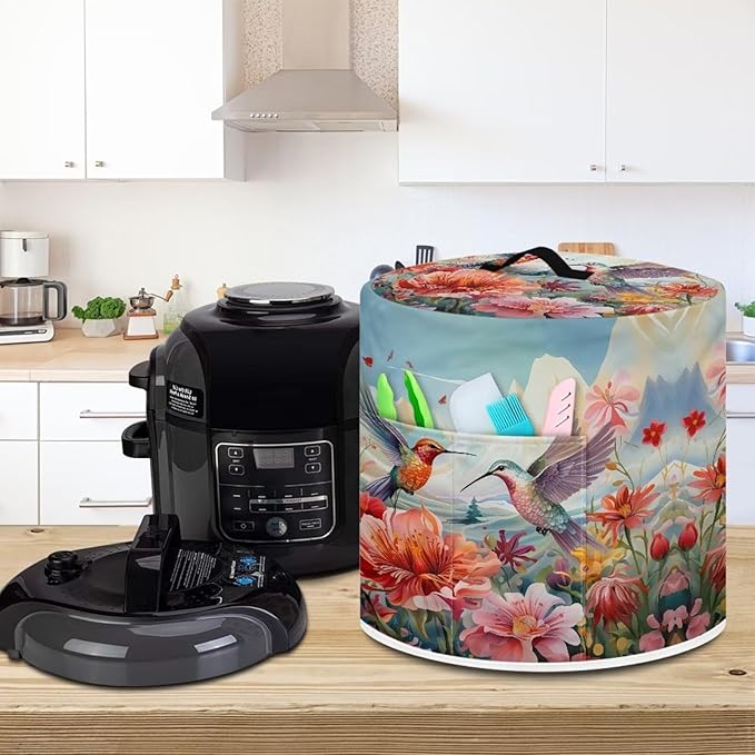 Flashideas Hummingbird Floral Pressure Cooker Cover for Women Insulated Rice Cooker Cover with Easy to Clean Lining Stain Resistant Dust Cover with Pockets for Instant Pot 6 Quart Appliance Cover