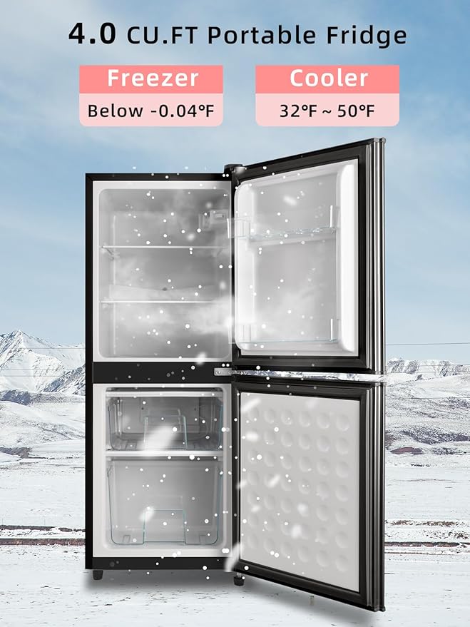4.0 Cu.Ft Refrigerator with Freezer, 2 Doors Fridge with Adjustable Thermostat Control, Refrigerator for Kitchen, Dorm, Apartment, Garage, Office, Black