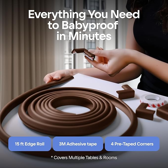 Furniture Edge 16.2ft & Corner Guards | Protective Foam Cushion | 15ft Bumper 4 Adhesive Childsafe Corners | Baby Child Proofing Foam Set and Safe for Table, Fireplace, Countertop | Brown