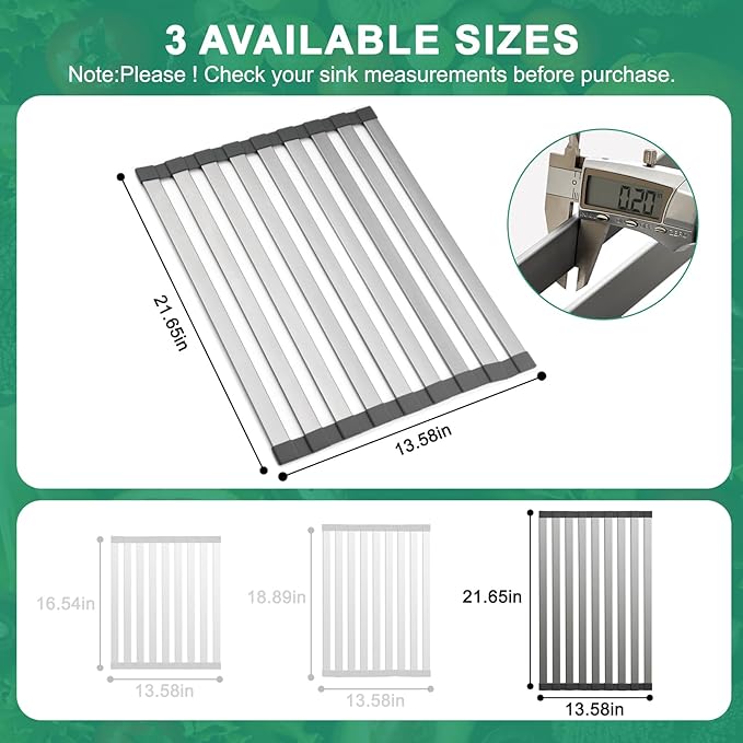 21.6" X 13" Roll Up Dish Drying Rack，Over The Sink Drying Rack 304 Stainless Steel Foldable Heat-Resistant Dishes Drainer for Kitchen and RV Sink Counter