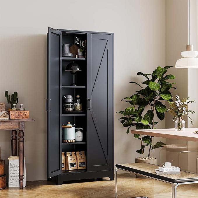 Black Tall Farmhouse Metal Pantry Linen Storage Cabinet and Organizers - Cupboard 75" H x31.5 W x15.7 D Rustic Hutch Cabinet Bookcase with Doors and Adjustable Shelves for Home Office