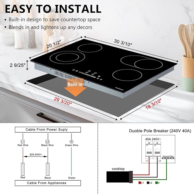 Electric Cooktop 30 inch, ECOTOUCH Built-in Electric Cooktop 4 Burner Stove Top, Radiant Cooktops Stovetop with Kid Safety Lock, Timer, 9 Heating Level, 6800W, 220-240V for Hard Wire(No Plug)