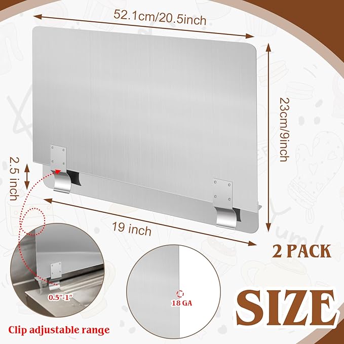 2 Packs Stainless Steel Fryer Splash Guard Commercial Splatter Guard Side Stove Splash Guard for Stop Oil from Splattering (20-1/2" W x 9" H)