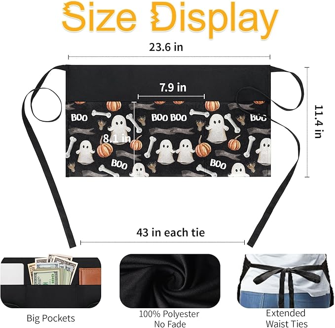 BOHARERS Waist Apron with 3 Pockets - Black Waitress Waiter Server Short Aprons