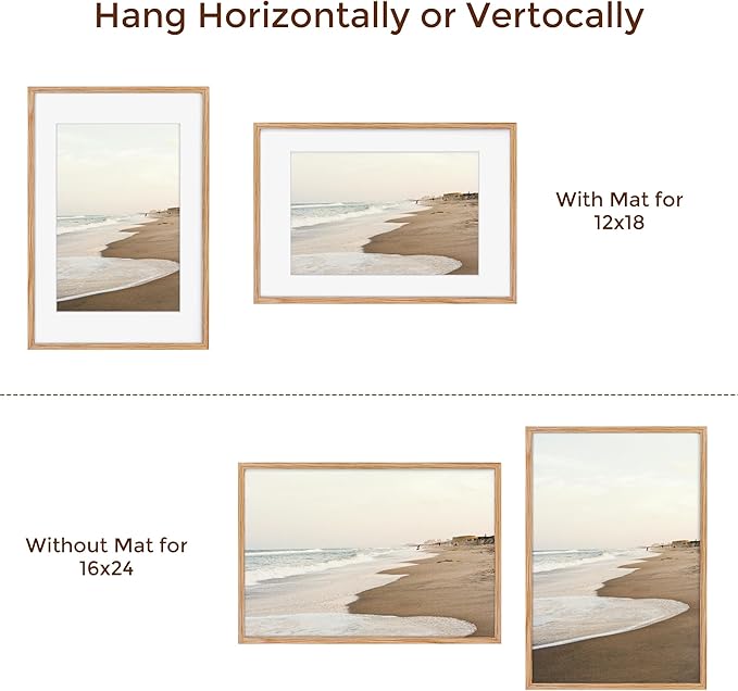 Fun Memories 16x24 Picture Frame for Wall, Solid Oak Wood With Real Glass, Matted to 12x18, Poster Frame (Beige Oak Color, 2 Pack)