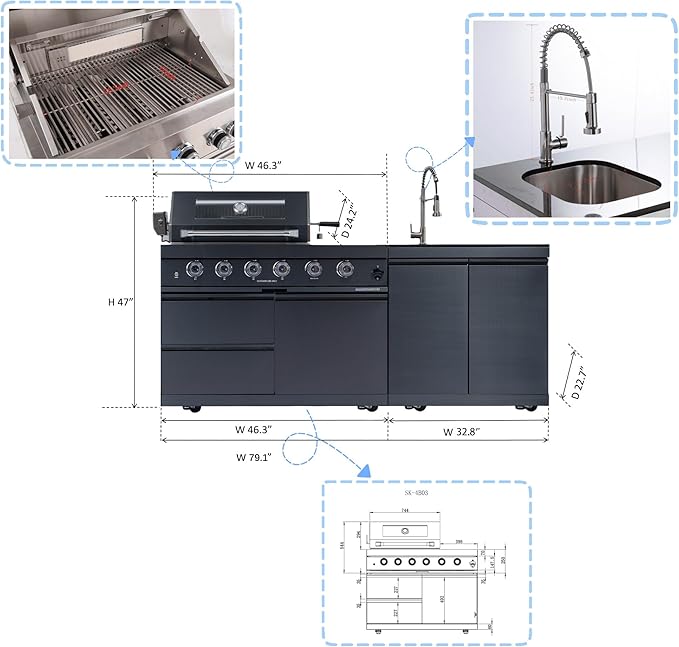 79-Inch 4-Burner 72000 BTU Propane Outdoor Kitchen Island Grill with Round Side Burner, Rotisserie Kit, Granite Countertops & Sink, Black