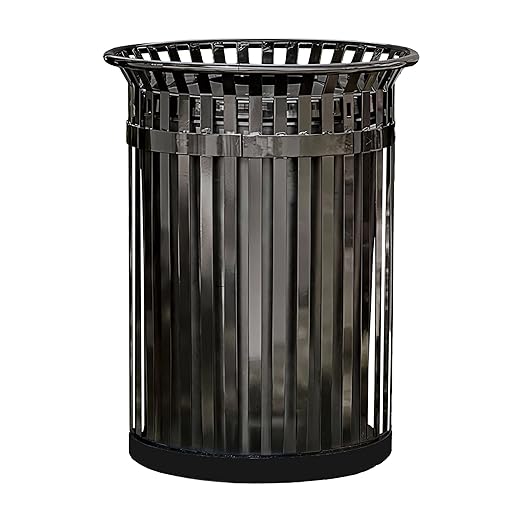 45 Gallon Commercial Black Waste Bin with Flat Lid, Heavy-Duty Outdoor Trash Can Steel Slatted, Round Recycle Container, Durable Garbage Can for Parks, Municipalities, Schools, Parking