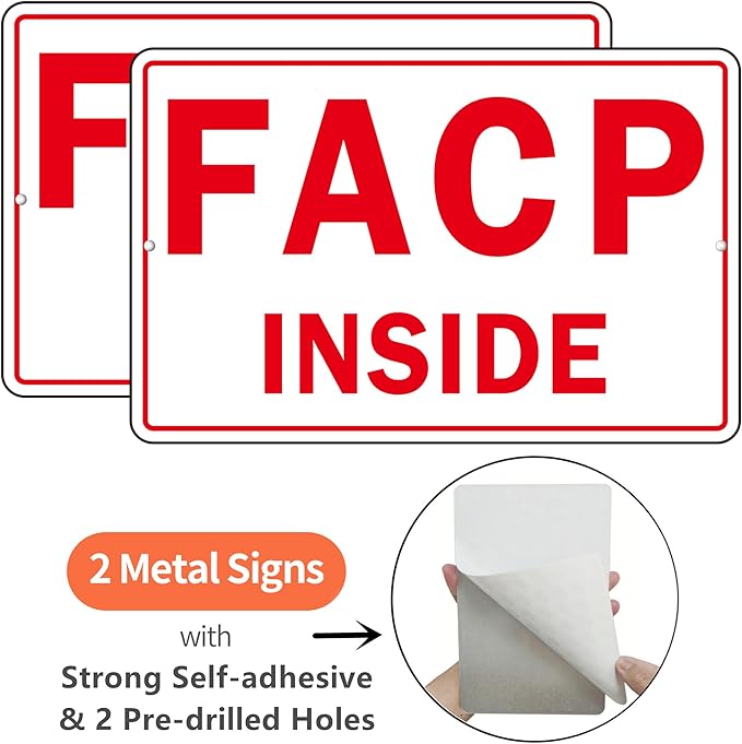 FACP Sign, (2 Pack) Self Adhesive FACP Inside Signs, Rust Free and Reflective Aluminum Metal Sign Sticker for Door (9 x 6 inches, White/Red)