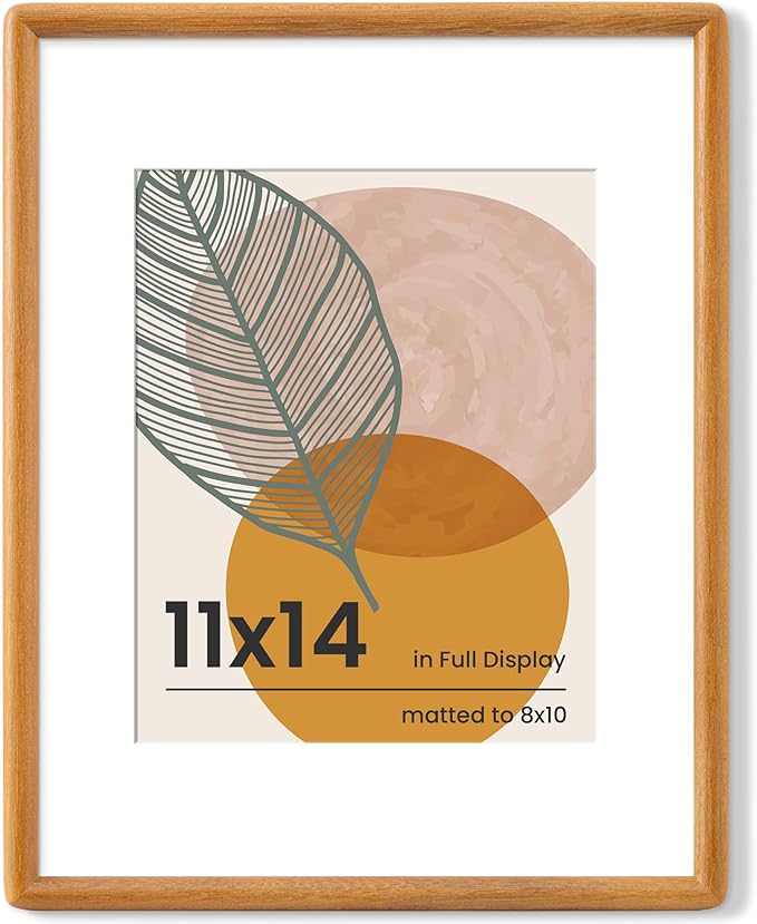 Axeman 11x14 Picture Frame - Solid Teak Wood 11x14 Frame With Mat for 8x10 - Rounded Corner 11 x 14 Picture Frame with Tempered Glass for Wall Display