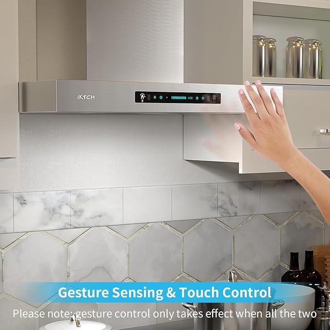 IKTCH 36 Inch Wall Mount Range Hood with 900 CFM, 4-Speed Fan, Ducted Range Hood, Gesture Sensing & Touch Control, Durable Stainless Steel IKP01-36