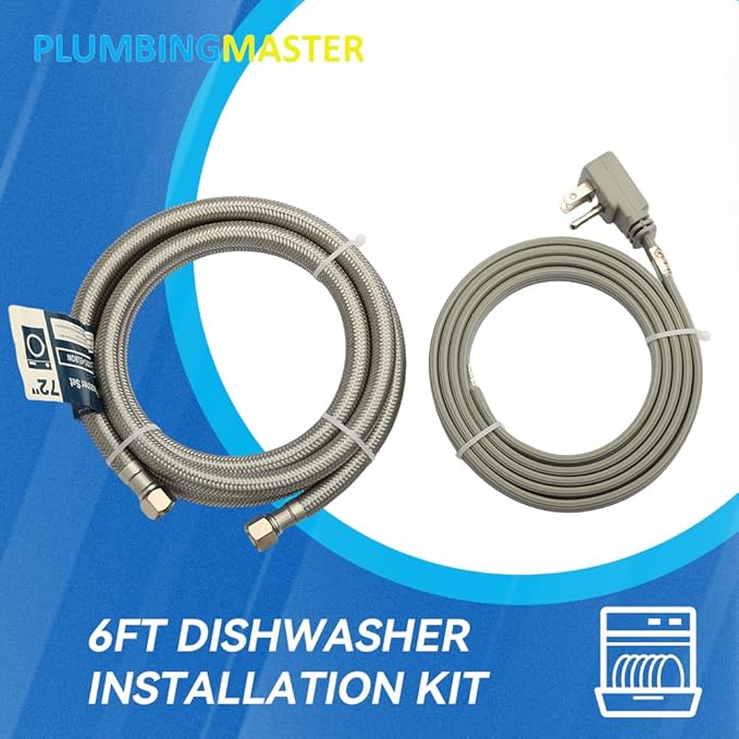 PLUMBERMASTER Dishwasher Installation Kit, 6ft Water Supply Line with with 3/8" x 3/8" Compression,3-Prong Straight Power Cord, Elbow Connectors&Adapters,Braided Stainless Steel Dishwasher hose Kit