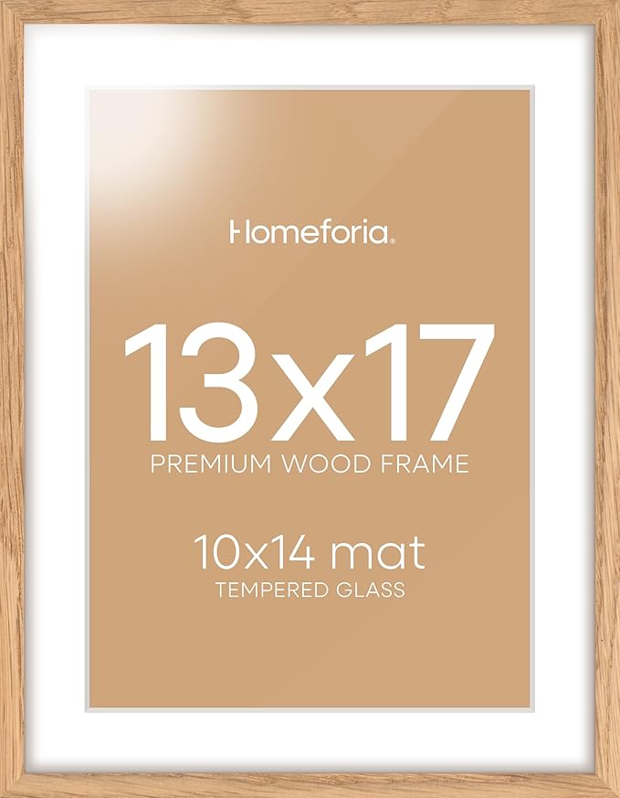 Homeforia 13x17 Picture Frame Natural Wood, High End Oak 13x17 Light Wooden Poster Frame with Mat 10x14, 13 x 17 Frames Matted to 10 x 14 Photo, 17x13 Hanging Frame, Tempered Glass, Wall Kit, Set of 1