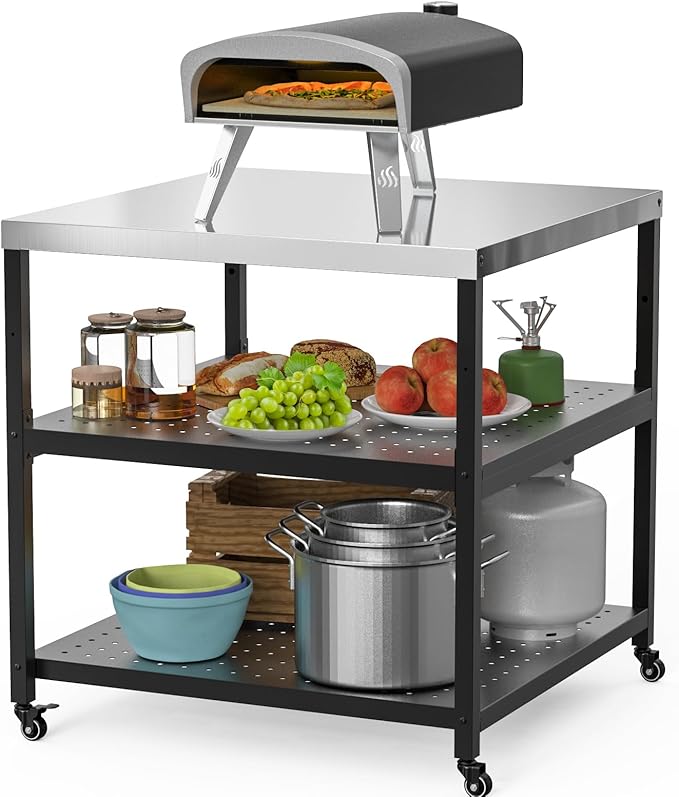 31.5” Pizza Oven Table for ooni Ninja Gozney Aidpiza BIG HORN, Modular Grill Cart for Blackstone Cuisinart Weber Char-Broil Royal Gourmet Pit Boss GasOne Griddle, Movable Food Prep Workcart Stand