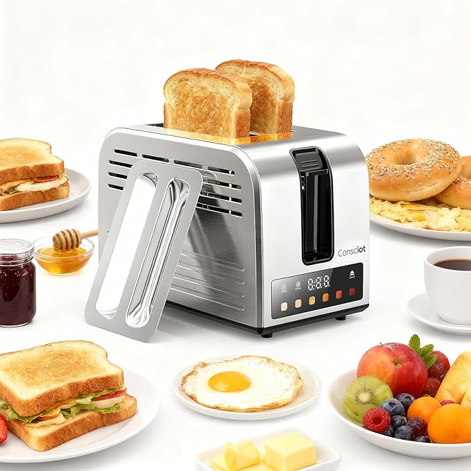 2 Slice Toaster, Consciot Smart Touchscreen Toaster with 6 Browning Levels, Reheat/Defrost/Cancel Functions, Extra-Wide Slots, Removable Crumb Tray, Auto Pop-up & Anti Jam, Peak 925W, Stainless Steel