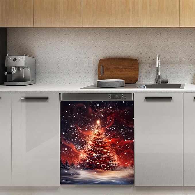 Glitter Christmas Tree Dishwasher Magnet Cover, 23" W x 26" H Fridge Magnetic Stickers Reuseable Magnet Panel Decal Cover for Washing Machine Fridge Microwave Cabinet Kitchen Christmas Decoration