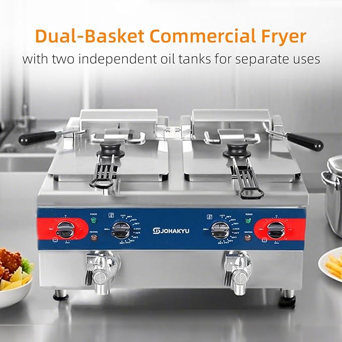 JOHAKYU Commercial Deep Fryer | Timer-Equipped Electric Fryer with Drain Valve & Swing-Up Head | 120V 3600W Stainless Steel Countertop Fryer for Home & Restaurant Use (25.4QT)