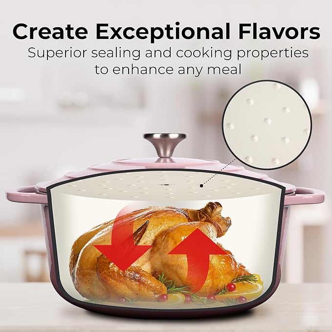 Zulay Kitchen 5 Quart Enameled Cast Iron Dutch Oven Pot with Lid – Premium Durability & Oven Safe up to 500°F – Heavy Duty Cookware Perfect for Bread Baking, Stews, Braising & Roasting – Pink