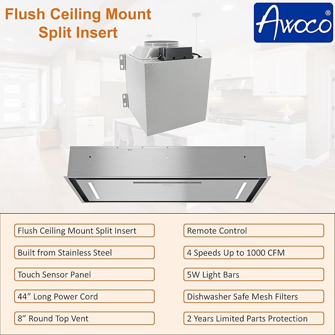 Awoco 36”W Flush Ceiling Mount Split Insert Range Hood, Stainless Steel 4 Speeds 1000 CFM, 8” Round Vent LED Lights Remote Control (36"W 19"D 8" Vent)