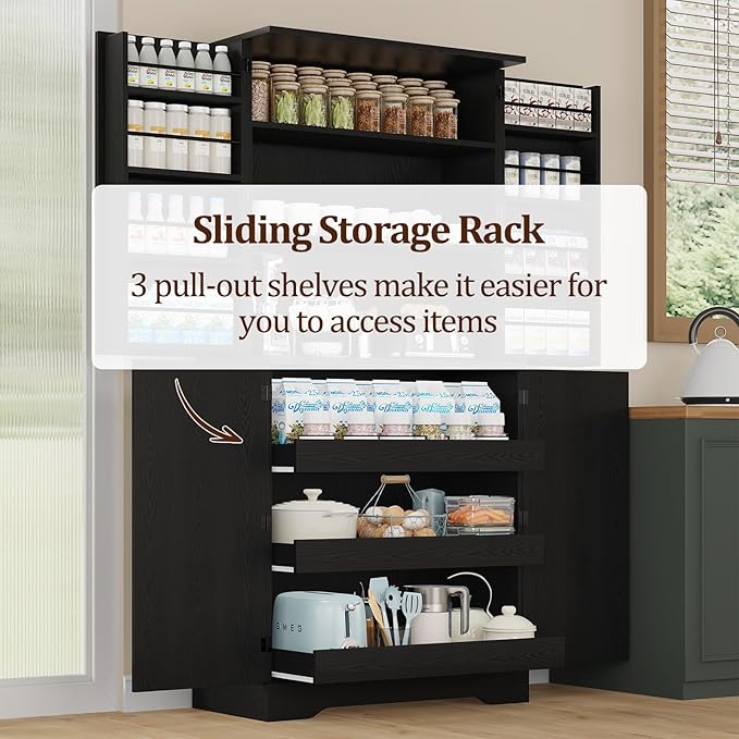 72" Kitchen Pantry Cabinet Storage, Farmhouse Pantry Cabinet with 8 Hanging Rack Shelves & 3 Pull-Out Racks, Pantry Storage Cabinet, Freestanding Cupboard for Kitchen, Dining Room, Black