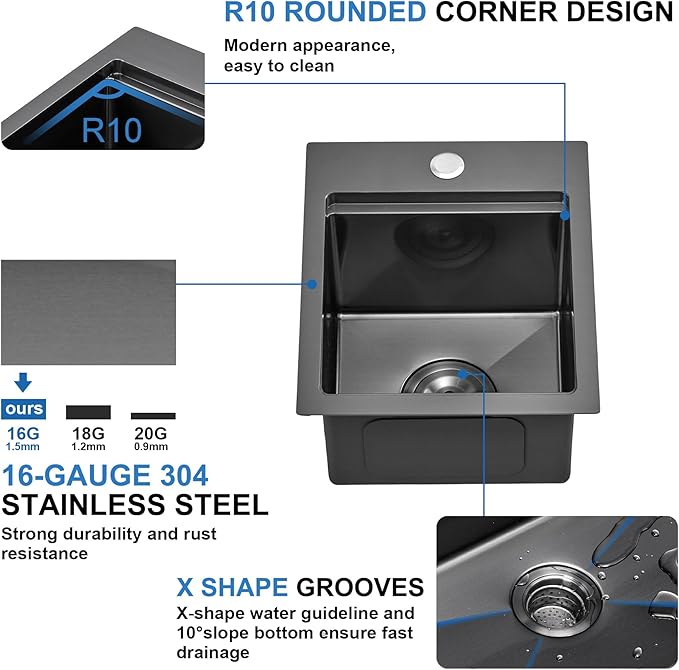 Scamall 13x15x9 Drop In Kitchen Sink Workstation, Nano Black 304 Stainless Steel Deep Single Bowl with Quick Drainage & Tarnish-Free Surface for Bar, Laundry, RV, Includes Accessories