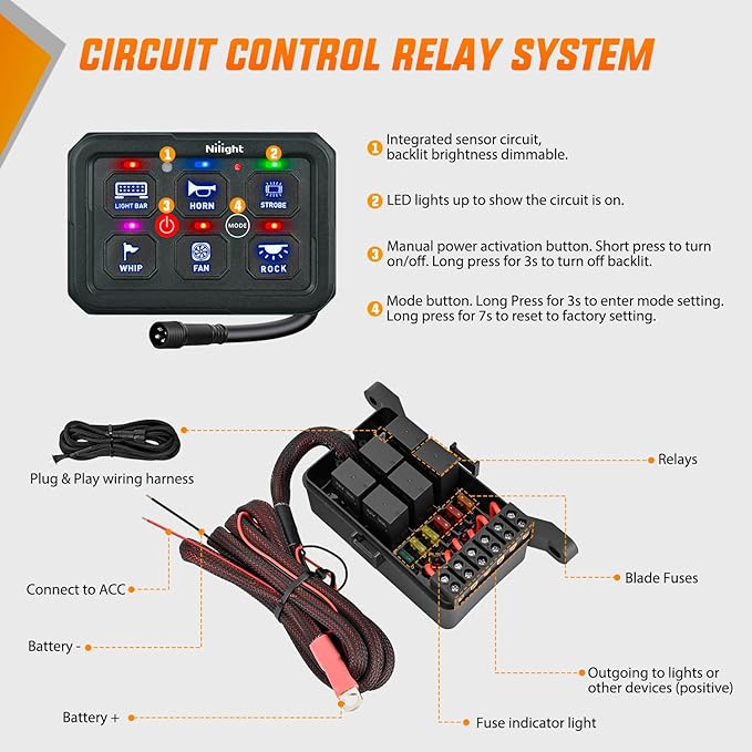 Nilight 6 Gang Switch Panel Blue Circuit Control Relay System with Fuse Wiring Harness Toggle Momentary Strobe Flash Modes Automatic Dimmable ON Off Pod 12V 24V for Car Truck Camper SUV