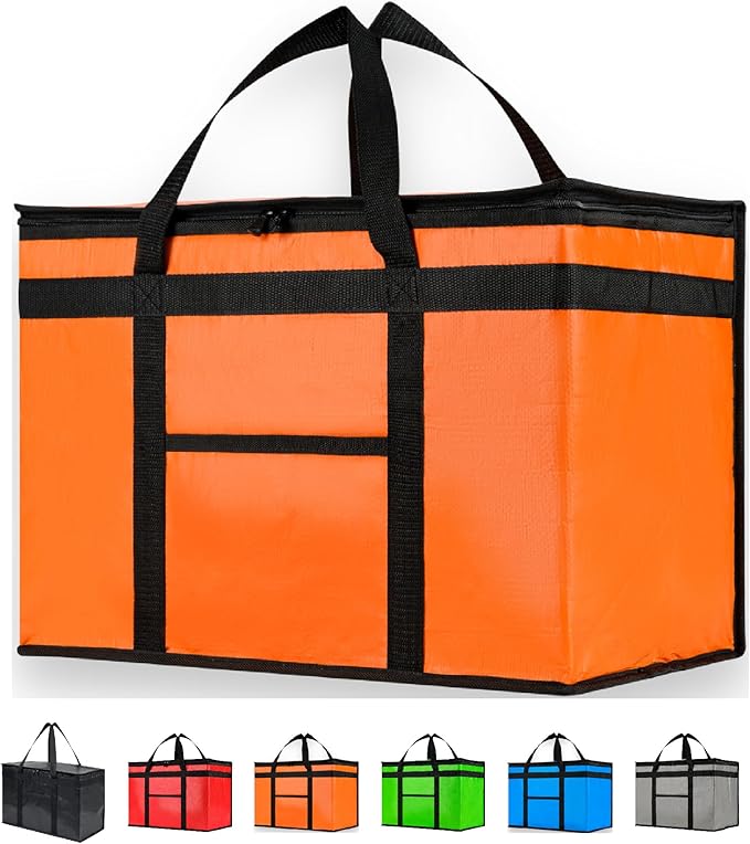 NZ home Insulated Bags for Food Delivery (2XL PRO) Grocery Shopping Cooler Bag, Pizza Delivery, Hot & Cold Catering Tote, Reusable, Foldable & Heavy Duty (Orange)