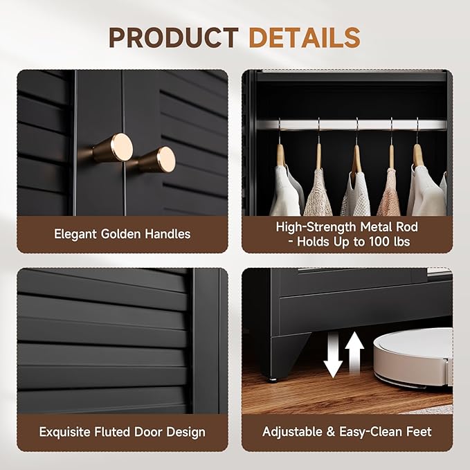 Letaya Metal Wardrobe Cabinets,71" Tall Armoire Wardrobe Closet with Fluted Doors and Shelves,Large Coat Closet Cabinet with Hanging Rod,Clothing Storage Cabinets for Home Room(Black)