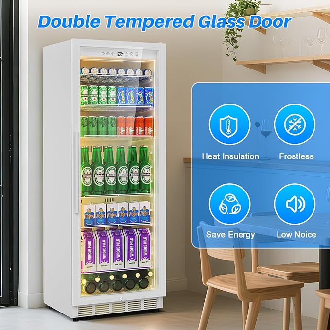 Commercial Display Beverage Fridge: 13.8 Cu Ft Upright Cooler with Glass Door, LED Lighting, Low Noise, and Rapid Cooling for Restaurants, Shops, and Offices (White)