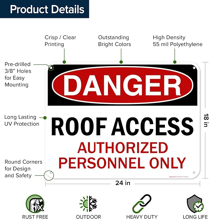 Danger Roof Access Authorized Personnel Only Sign, 18x24 Inches, 55 mil thick HDPE (high density polyethylene), Made in USA by My Sign Center