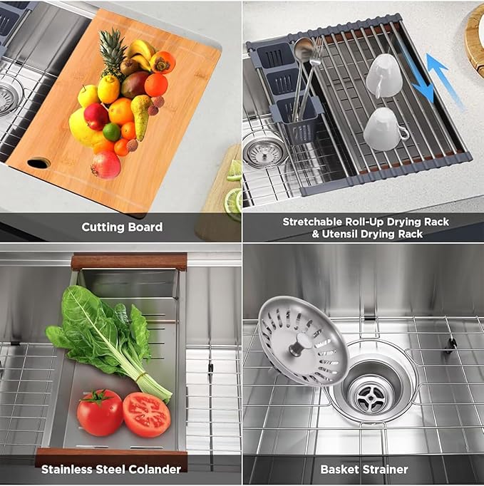 32 inch Undermount Handmade Workstation 18 Gauge Single Bowl Stainless Steel Kitchen Sink with Accessories