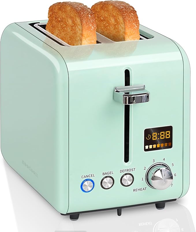 SEEDEEM 2 Slice Toaster With Color LCD Display - Stainless Steel, 7 Bread Shade Settings, 1.4'' Wide Slots, Bagel/Defrost/Reheat Functions, Removable Crumb Tray, 900W, Mint
