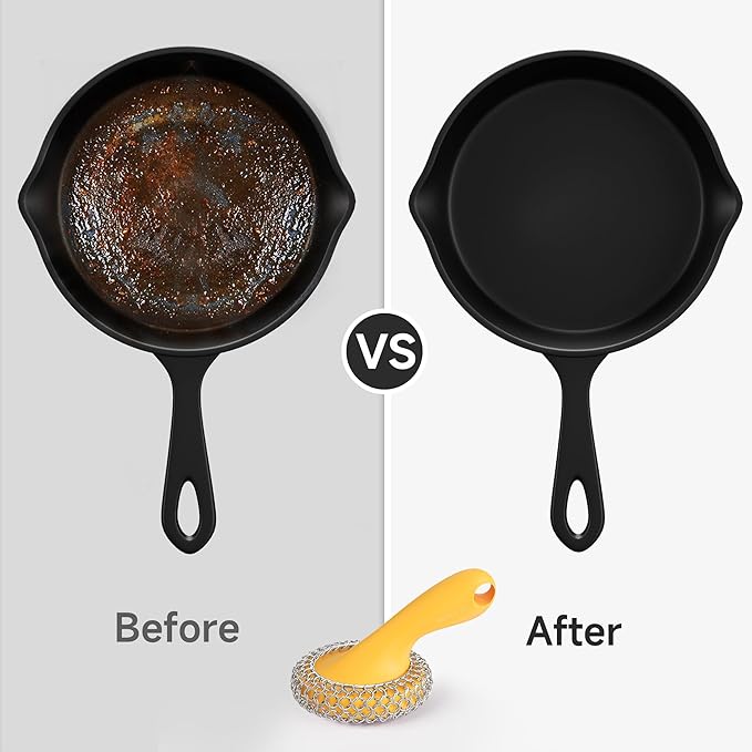 SUBEKYU Cast Iron Scrubber with Silicone Handle, Stainless Steel Skillet Cleaner for Cast Iron Pans (Yellow)