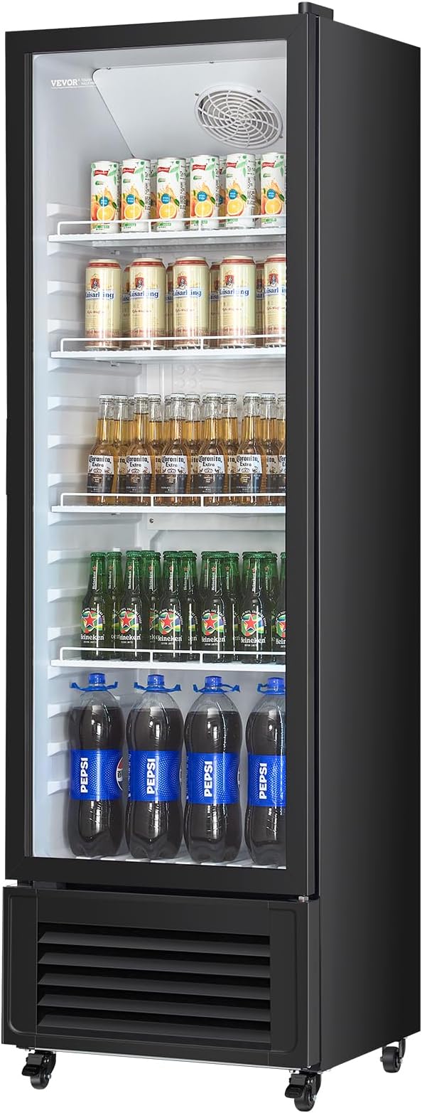 VEVOR Commercial Merchandiser Refrigerator, 11.47 CU.FT Glass Door Display Refrigerator, Upright Beverage Refrigerator Cooler Merchandiser with 4 Adjustable Shelves, Casters, Soft LED Light, Black