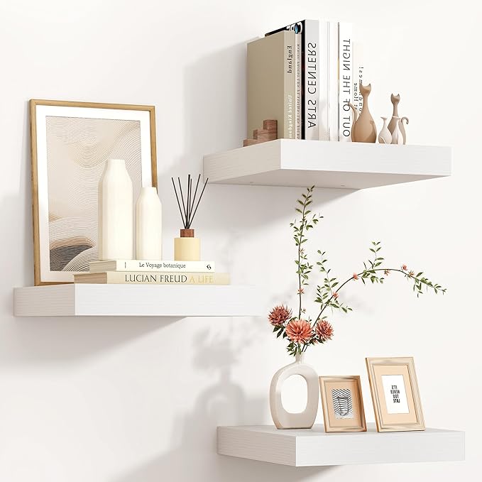Square Floating Shelves for Wall 12"W x 12"D x 1.4"H, Small Engineered Wood Wall Shelves with Invisible Brackets for Living Room Bedroom Bathroom Office Kitchen Storage Decor, White Finish, Set of 3