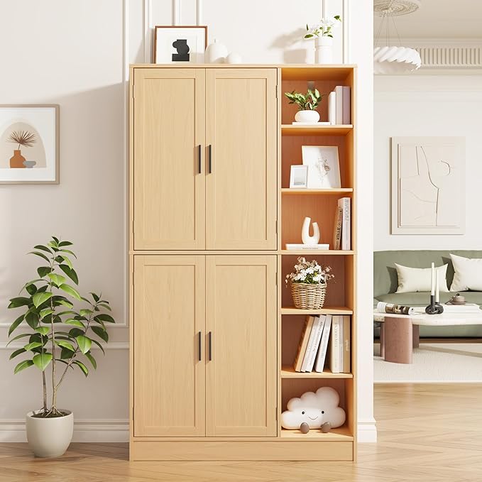 63" Tall Oak Kitchen Pantry, Freestanding Storage Cabinet with 4 Doors, Adjustable Shelves for Dining Room, Laundry Room