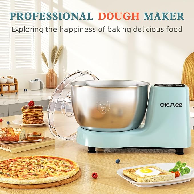 CHeflee Electric Dough Maker 250W,5.5 QT Smart Kneading and Fermenting Mixer Machine,Adjustable Time, 304 Stainless Steel Bowl,Blue