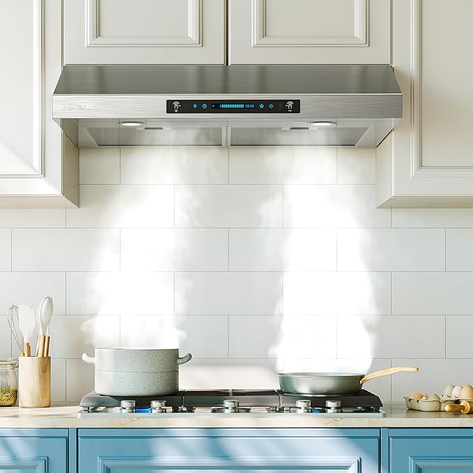 HisoHu 36 Inch Under Ducted Cabinet Range Hood with 1200 CFM, 4 Speed Gesture Sensing Kitchen Exhaust Hood & Touch Control Panel, Stainless Steel Stove Vent Hood with 2 LED Lights