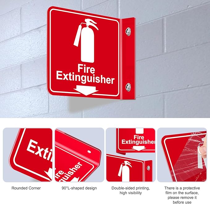 Fire Extinguisher Sign,4 Pack 6" Polished Acrylic Fire Extinguisher Signs with Down Arrow for Business,With Rustproof Mounting Screws and Double-sided Adhesive Tapes,Indoor or Outdoor Use