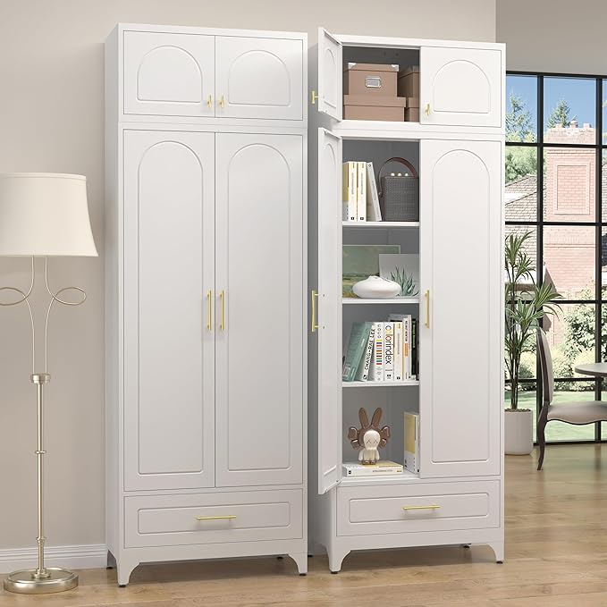 Kitchen Pantry Cabinet，90" Storage Cabinets with Doors and Shelves,Metal Pantry Cabinet with Drawers,White Kitchen Cupboard for Livingroom,Pantry, Bathroom