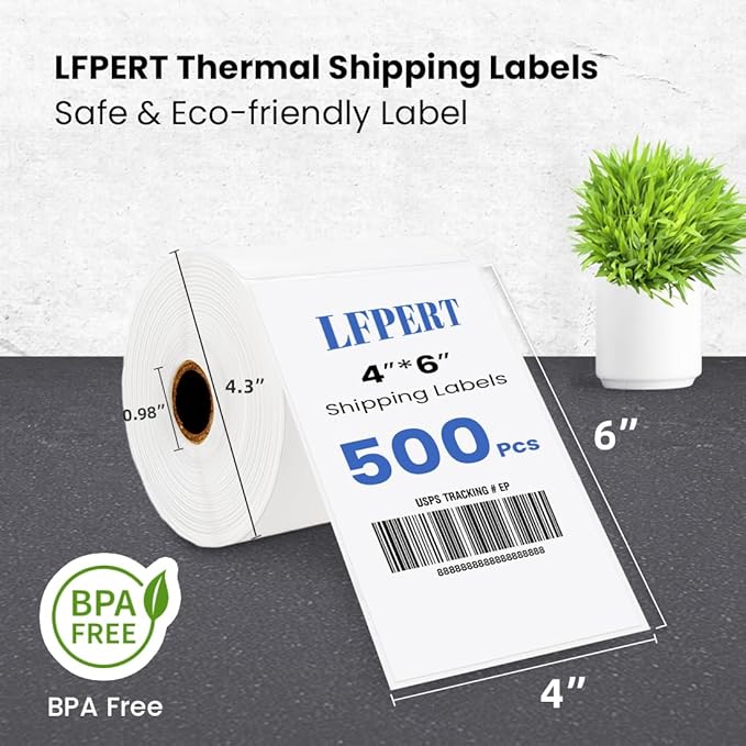 4x6 Thermal Labels, Roll Shipping Labels Strong Adhesive, Compatible with Vretti Jadens Munbyn Nelko Phomemo Rollo & Most Thermal Label Printer, Commercial Grade (500 Label/ 1 Rolls) White