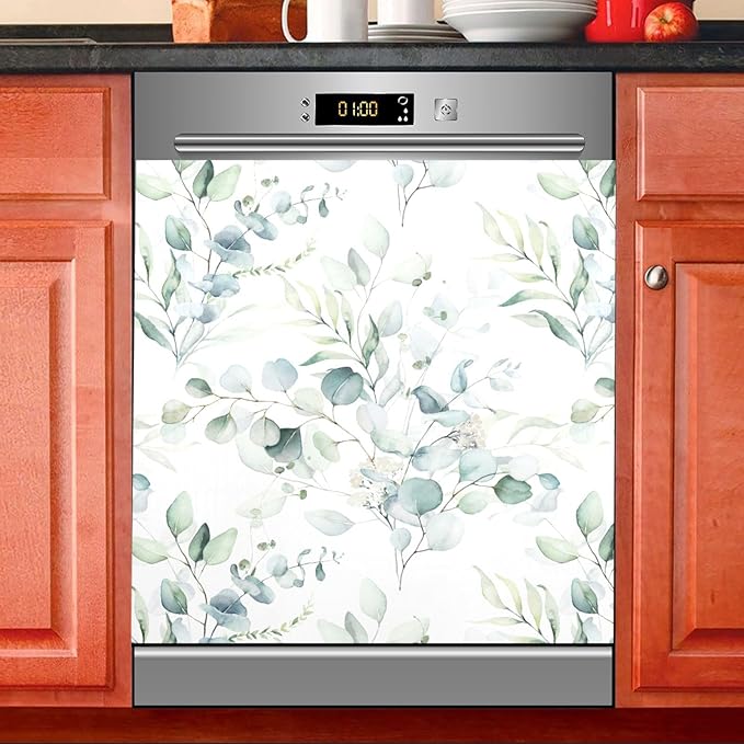 Green Sage Eucalyptus Leaves Dishwasher Magnet Cover Sticker Magnetic Refrigerator Panel Front Door Fridge Microwave Decal Decorative