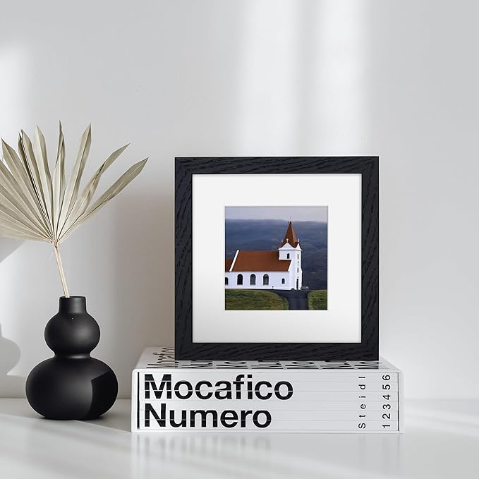 6x6 Picture Frames, Solid White Oak Wood Frame 6 x 6 with Stand for Wall & Tabletop Display, Rustic Wooden Photo Frame 6 by 6 with Real Glass, 6x6 Frame Matted to 4x4, Black Color, Set of 4