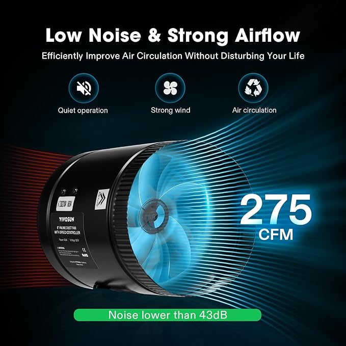 VIVOSUN Inline Booster Duct Fan 6” 275 CFM with Speed Controller, HVAC Exhaust Ventilation Fan with Low Noise for Basements, Bathrooms, Kitchens, Attics, Grow Tents